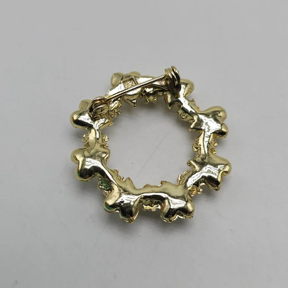 Vintage Gold Tone Heart Wreath Brooch With Faux Pearls Pink Rhinestones